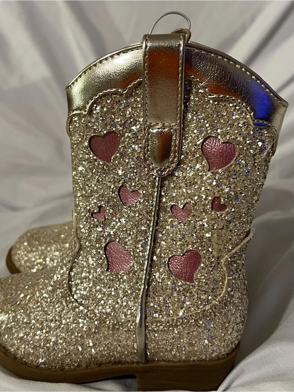 Cat & Jack Gold Glitter Heart Cowboy Boots with Pink Hearts